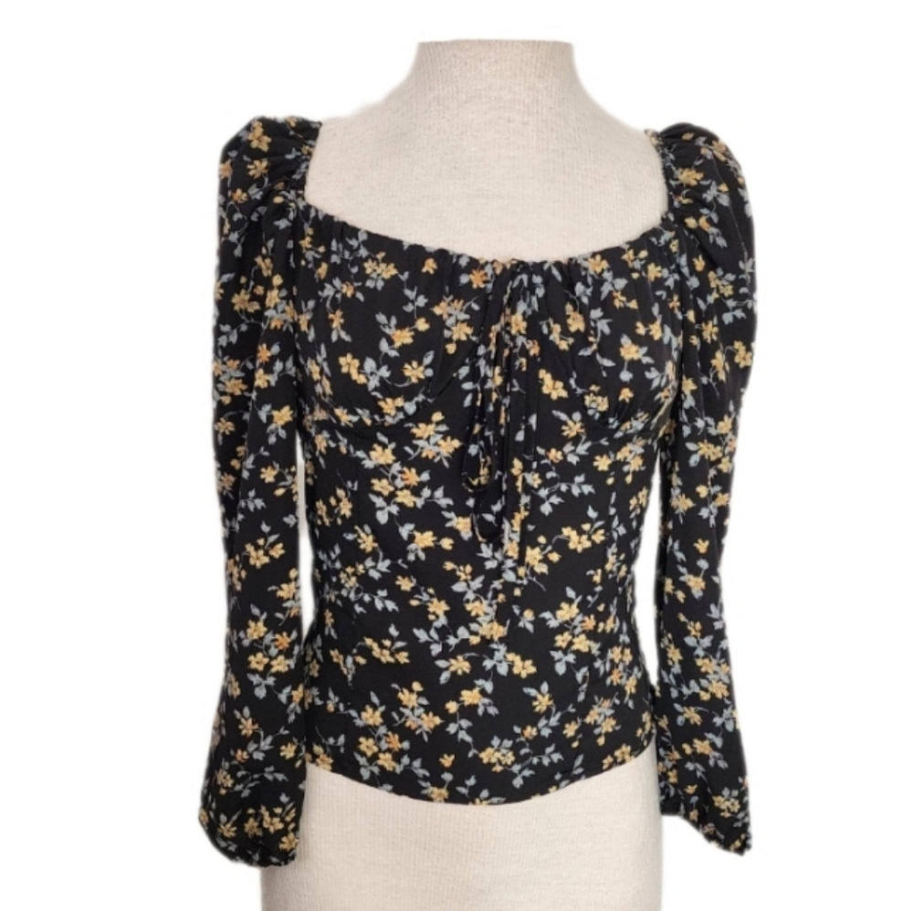 Fengzhijiang Top Babydoll Smocked Back Puff Long Sleeve Floral  Black …